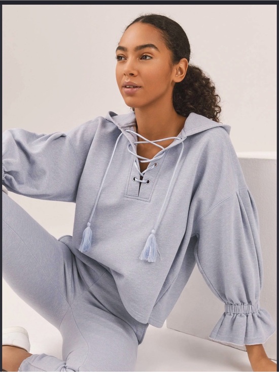 Something Navy Tops - Something Navy Sophia Light Blue Lace-Up Hoodie with Tassels and shimmer